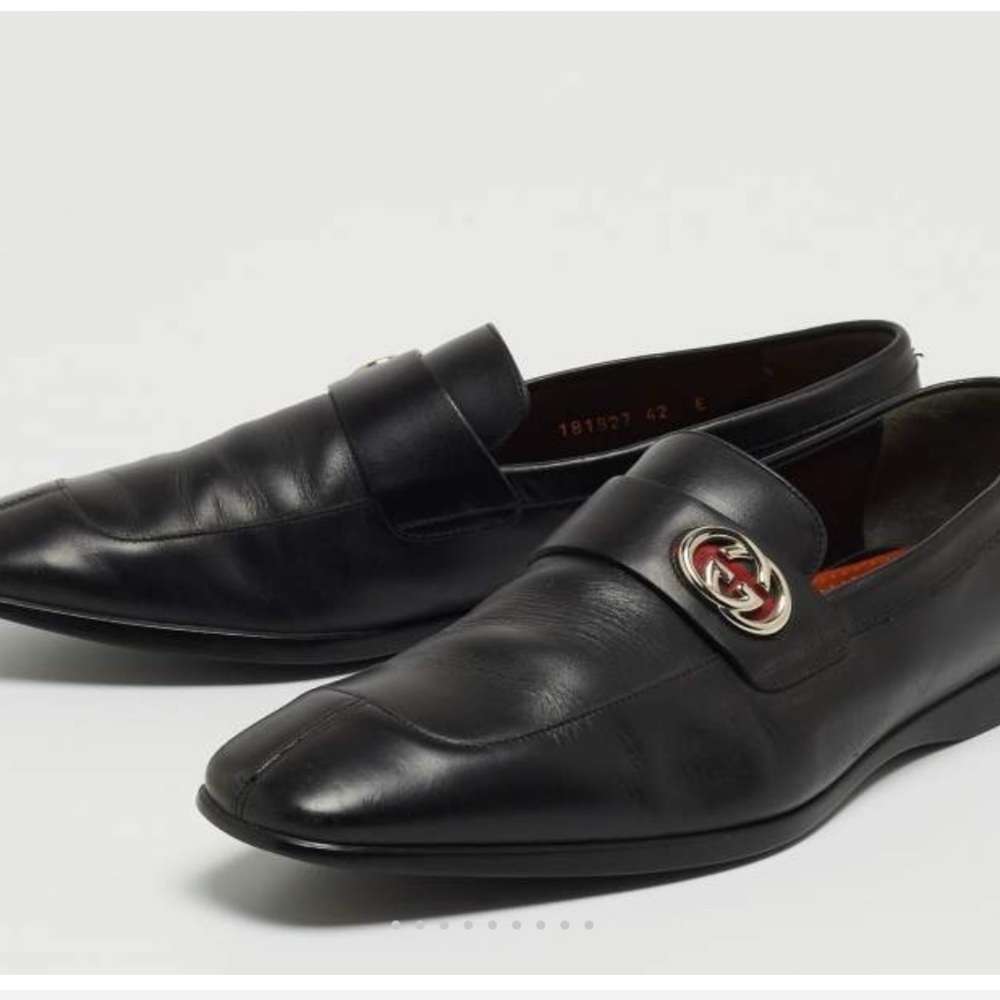 Gucci Black Leather Slip-Ons with Gold Detail